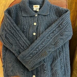 Talbots Cable Knit Wool Sweater Cardigan medium blue.  Note 2 small holes